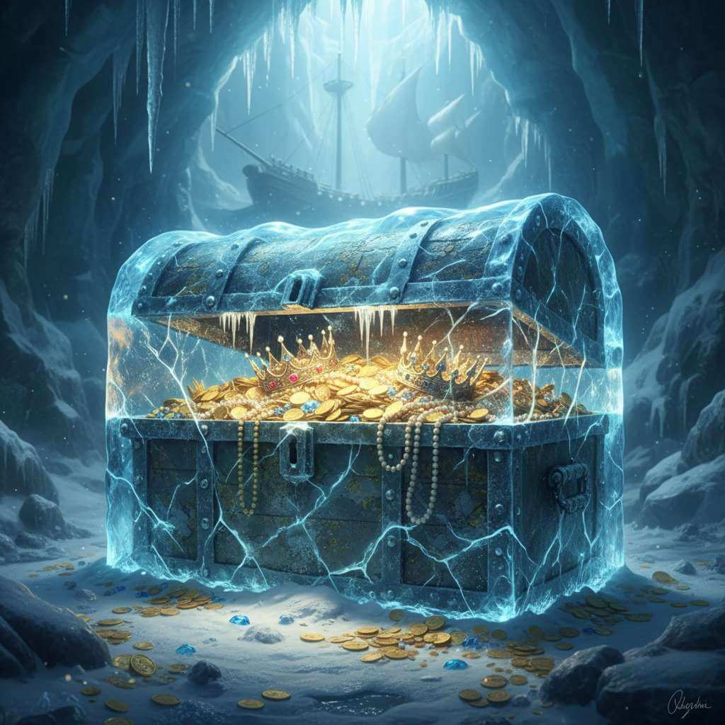 Frozen treasure chest glowing with gold light